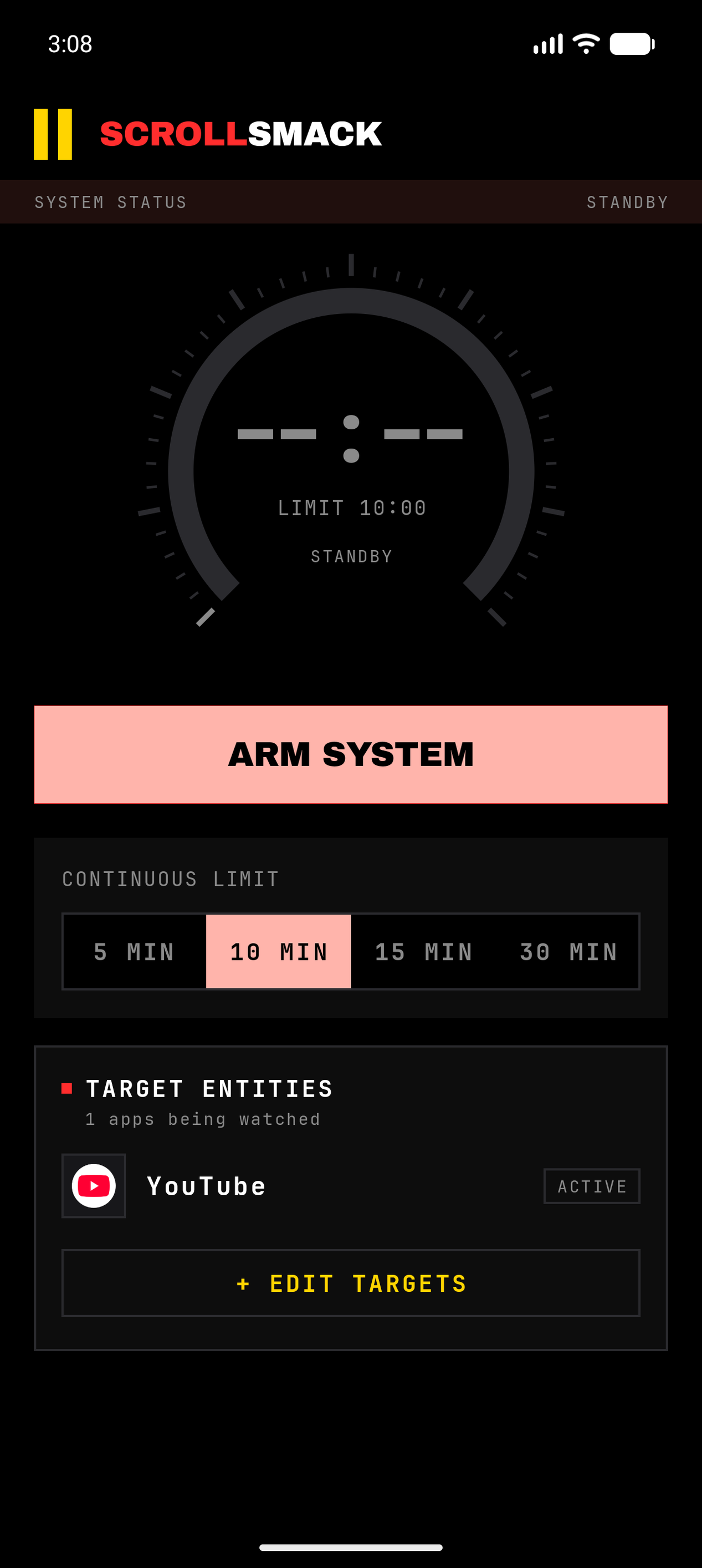 ScrollSmack standby home screen with 270 degree instrument dial