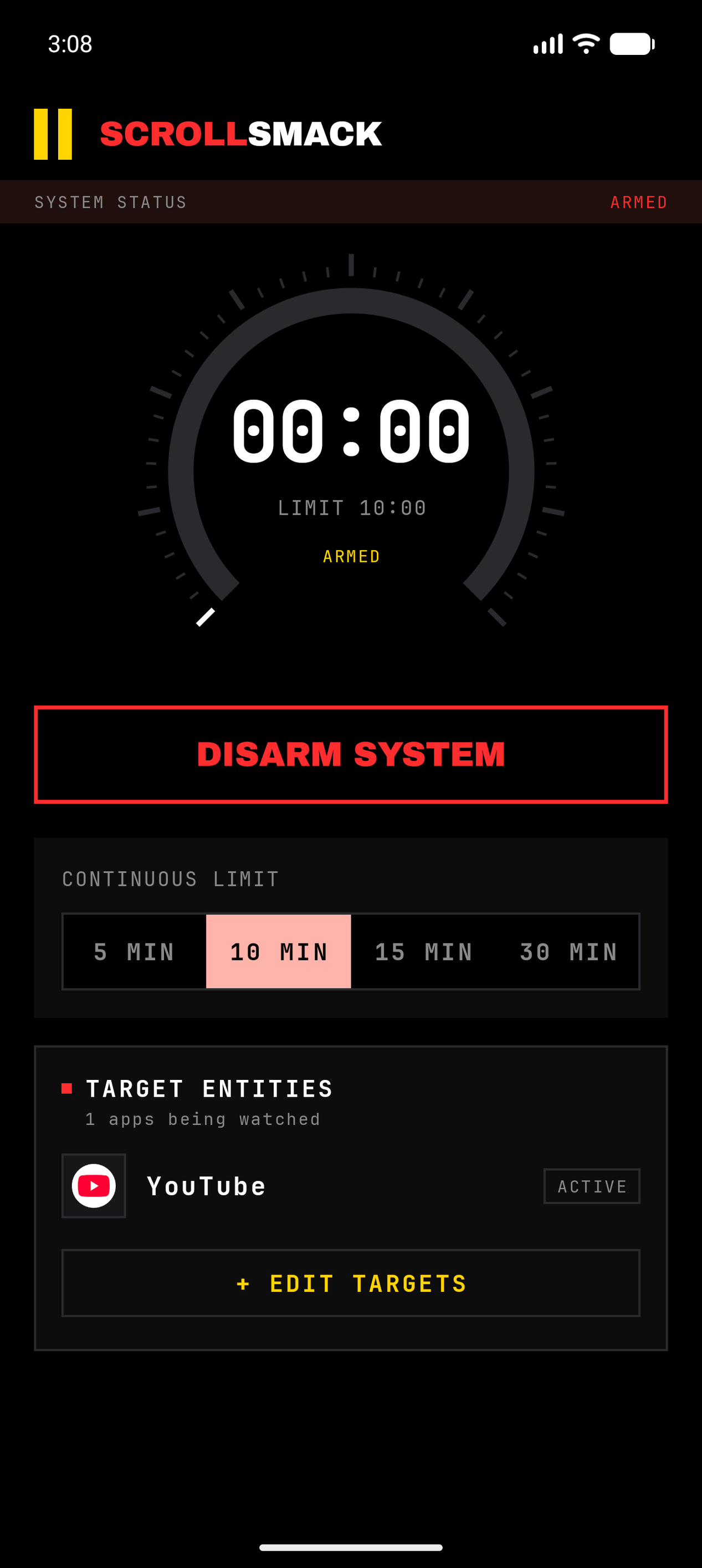 ScrollSmack armed timer tracking continuous use