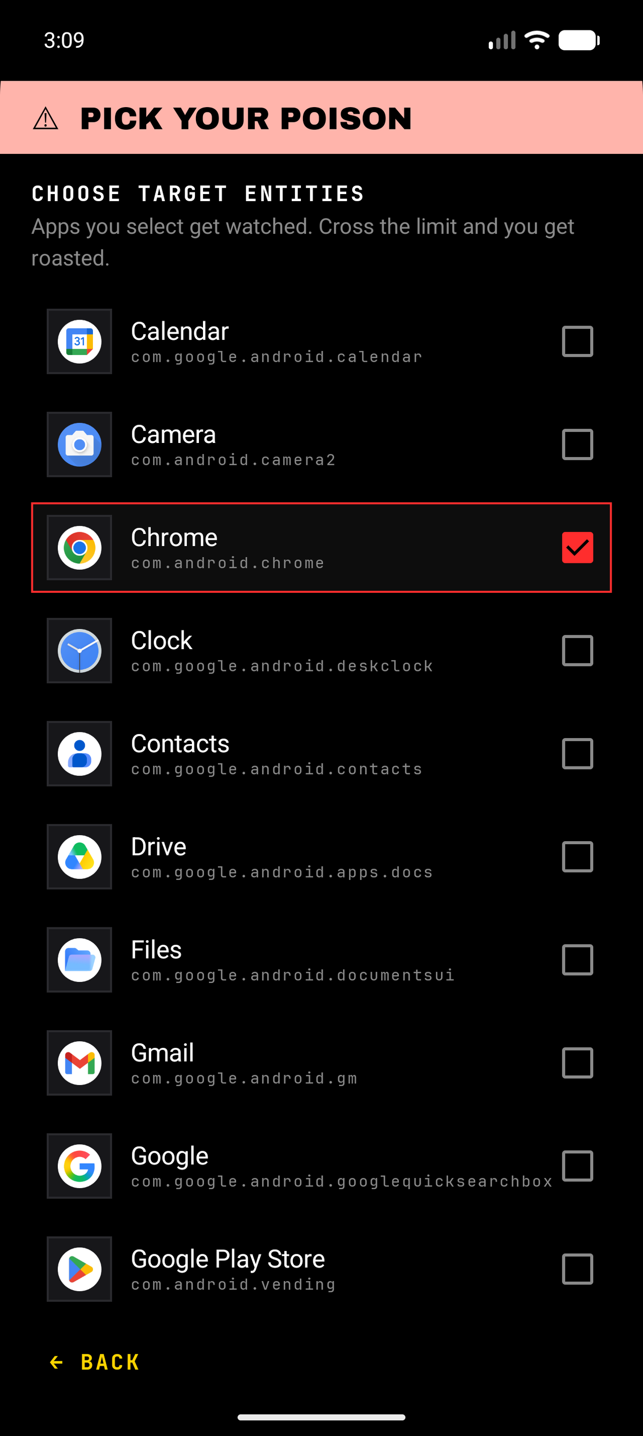 Target entities app picker list