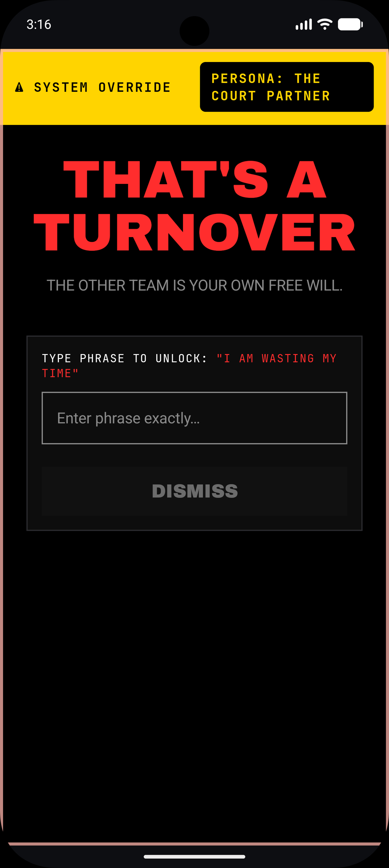 Full screen roast overlay with unlock phrase